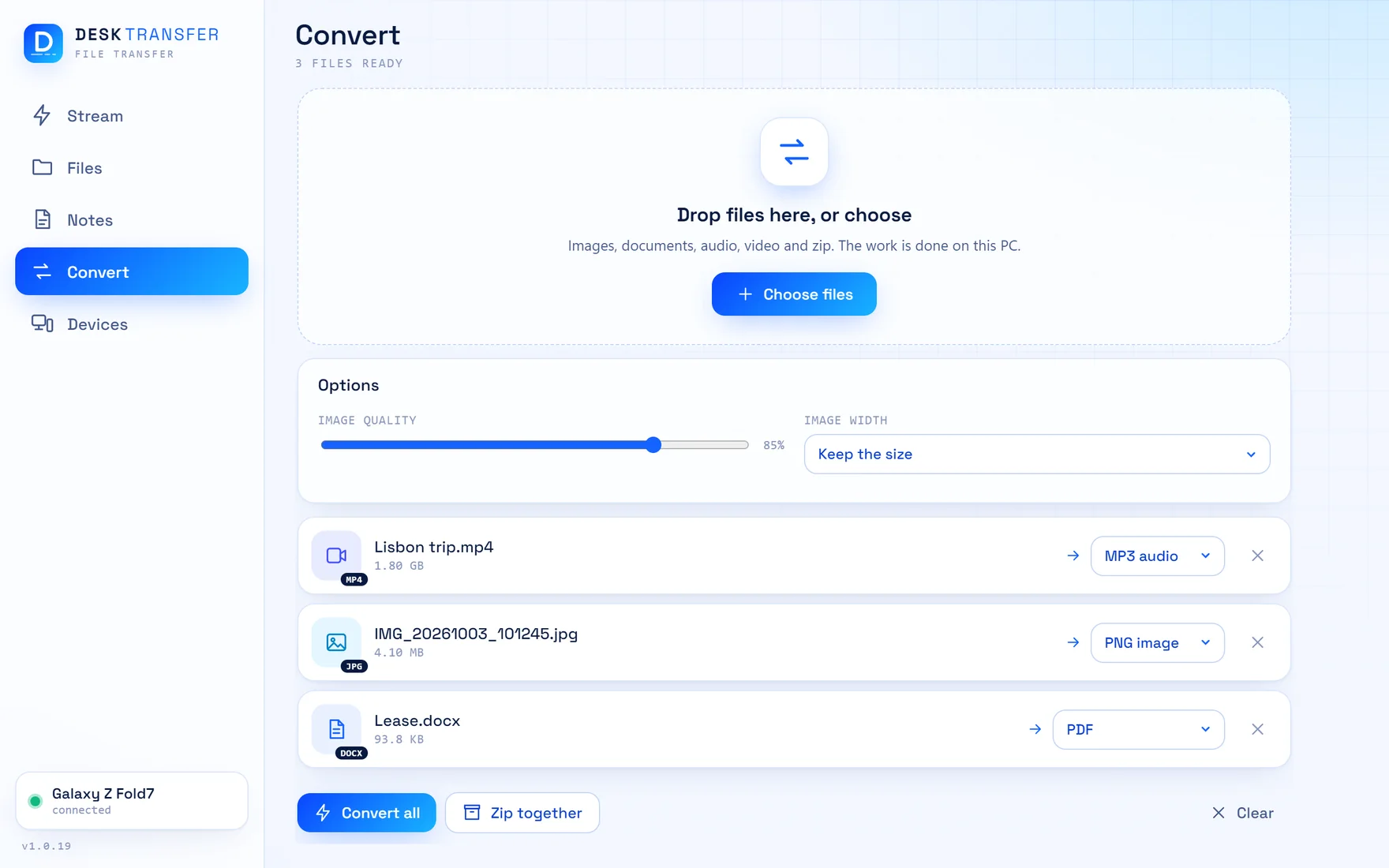 The Convert section: a video set to become MP3 audio, a photo, and a document set to become a PDF, with options for image quality and width.