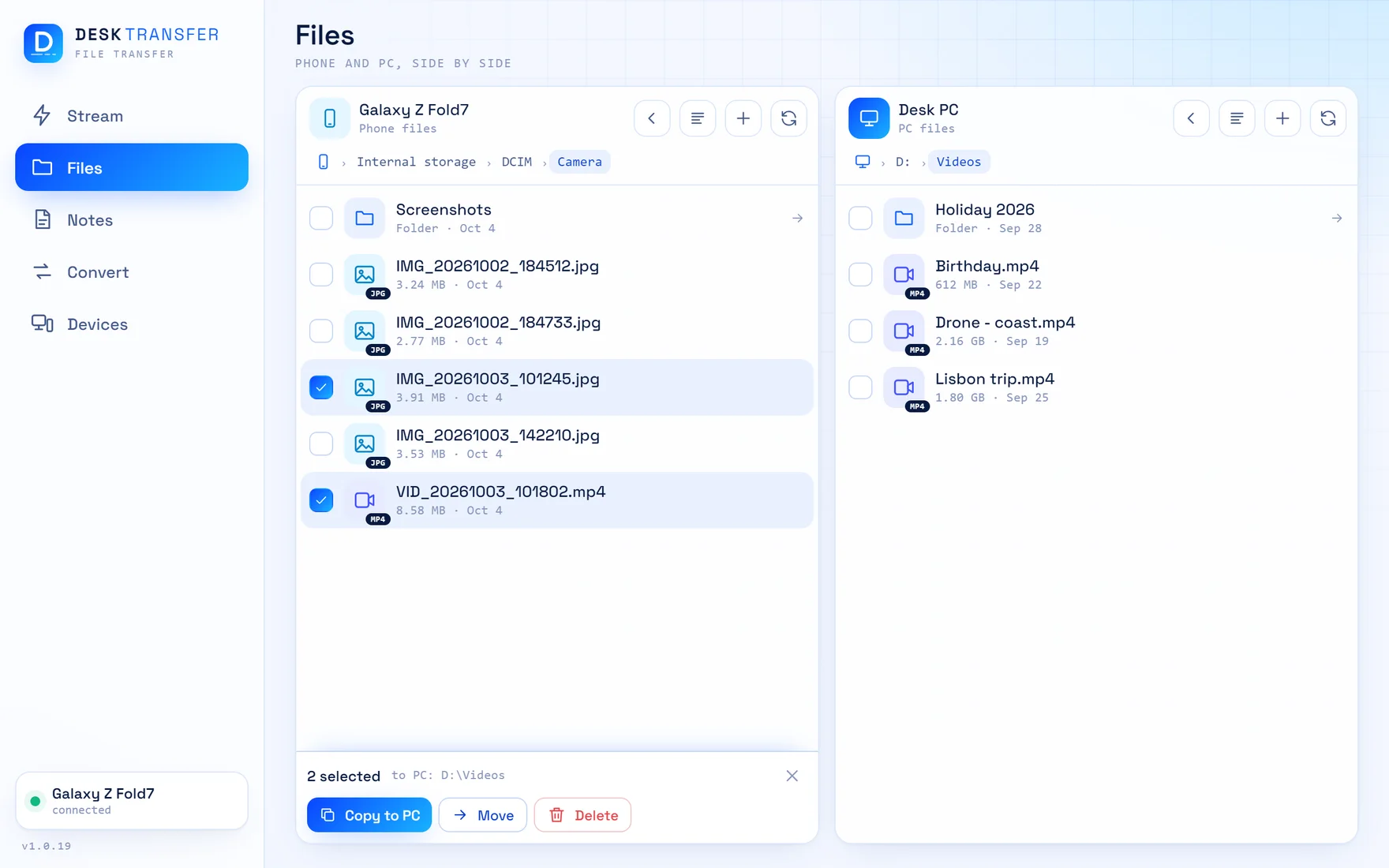 The Files section on the PC: the phone's Camera folder on the left with two files ticked, the PC's Videos folder on the right, and a Copy to PC button.