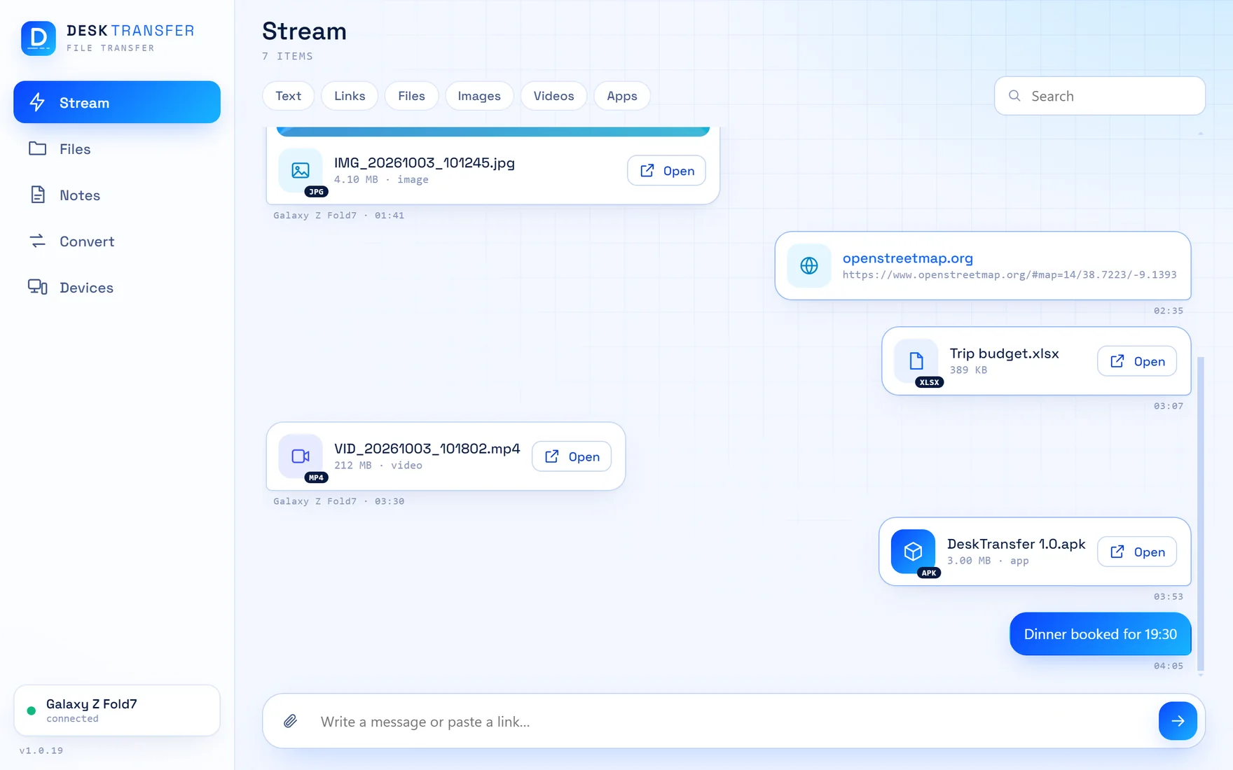 The Stream on the PC: a photo and a video from the phone, a link, a spreadsheet and an app file sent from the PC, with filters for text, links, files, images, videos and apps.