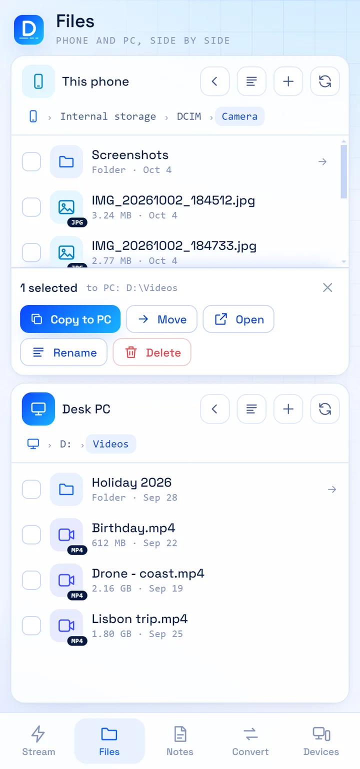 The same Files section on the phone, with the two panes stacked.